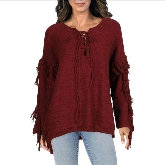 BLUSH NOIR ANTHROPOLOGIE Split Seam Fringe Poncho Sweater Sz S Burgundy NWT - Picture 1 of 14